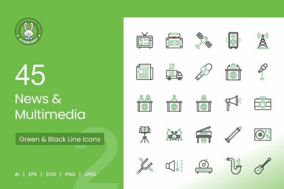 Download News &amp; Multimedia Green &amp; Black Icons - Media Collection