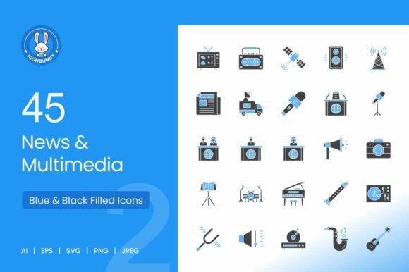 Download News &amp; Multimedia Blue &amp; Black Icons - Media Collection